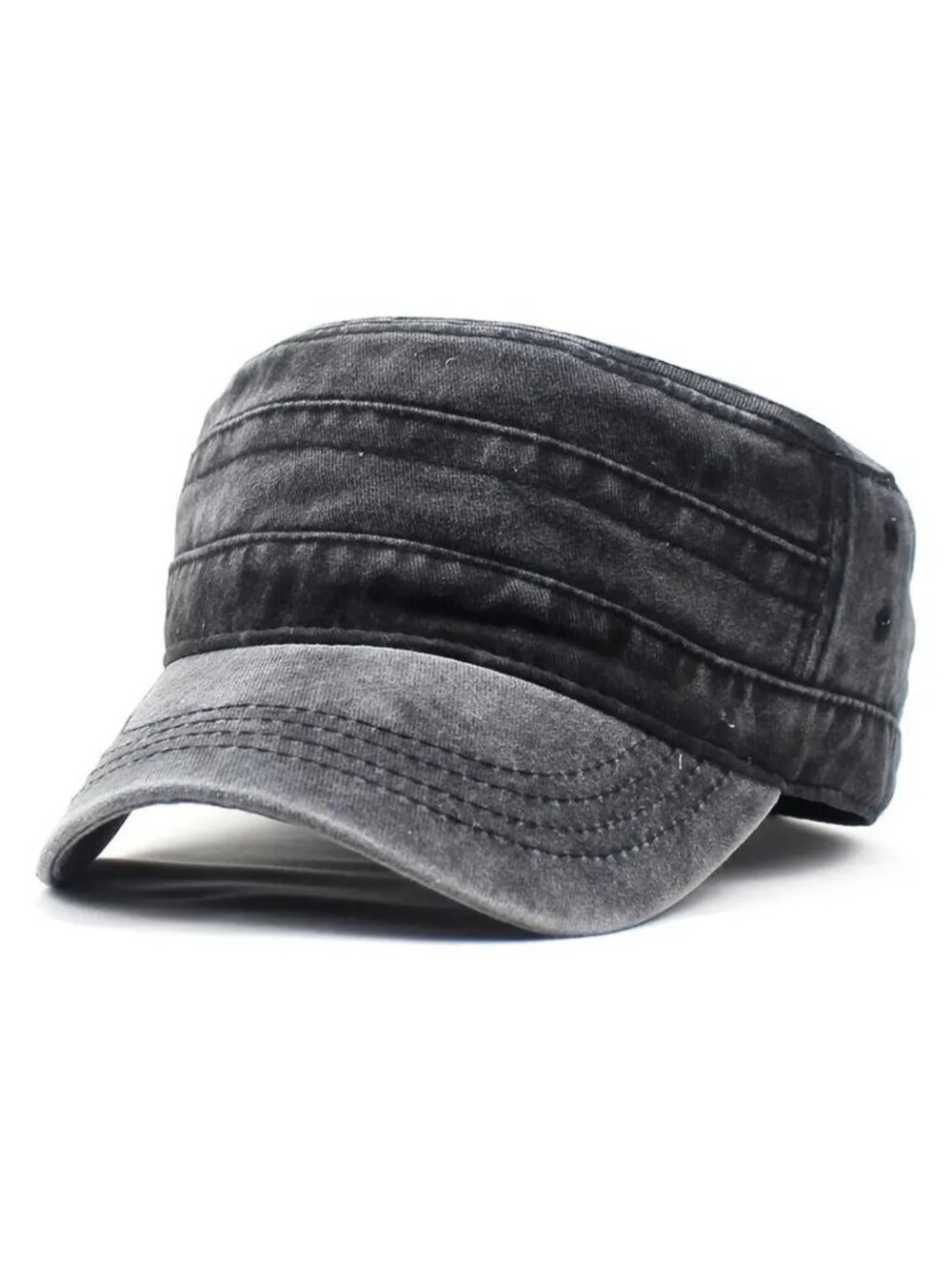 Black Washed Vintage Flat Top Cap, Cotton Military Cadet Army Caps Unique Design